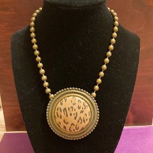 VTG  Dauplaise LG round brass framed leather cheetah print pendant necklace